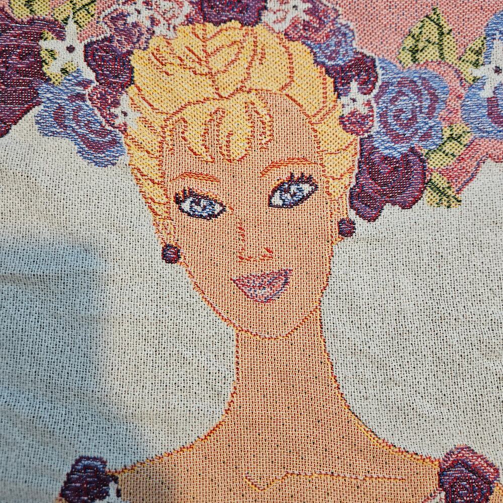 Vintage 90s Barbie Floral Woven Tapestry Throw Blanket The Northwest Company USA - Picture 3 of 7